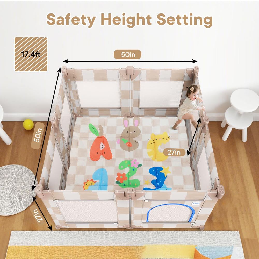 Tiny Marvels playpen showing 360-degree vision mesh for easy supervision.