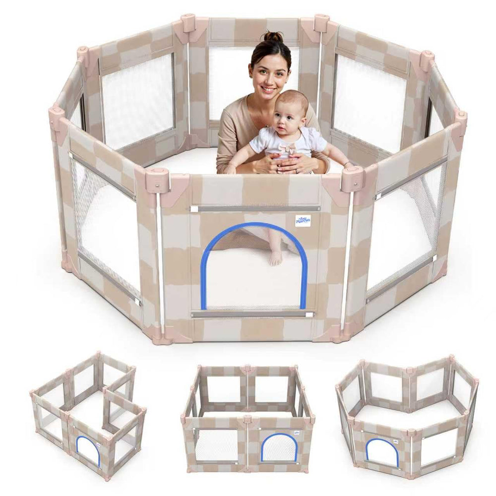 Tiny Marvels playpen set up in living room for safe family play.