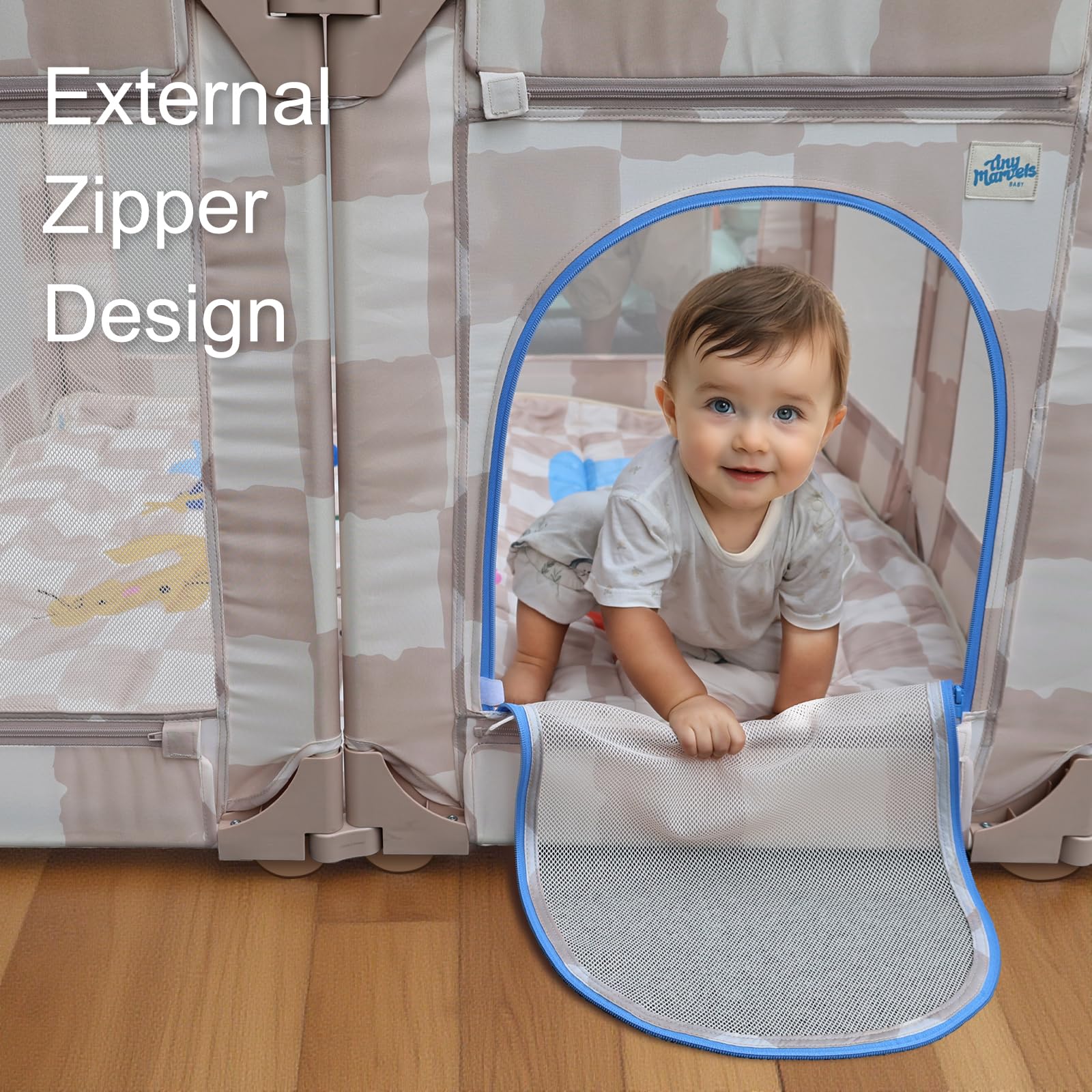 Neutral sand-toned Tiny Marvels playpen blending with modern home decor.