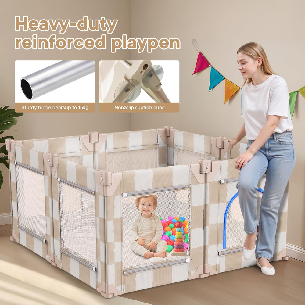 Dual zip gates on Tiny Marvels playpen keep babies contained.