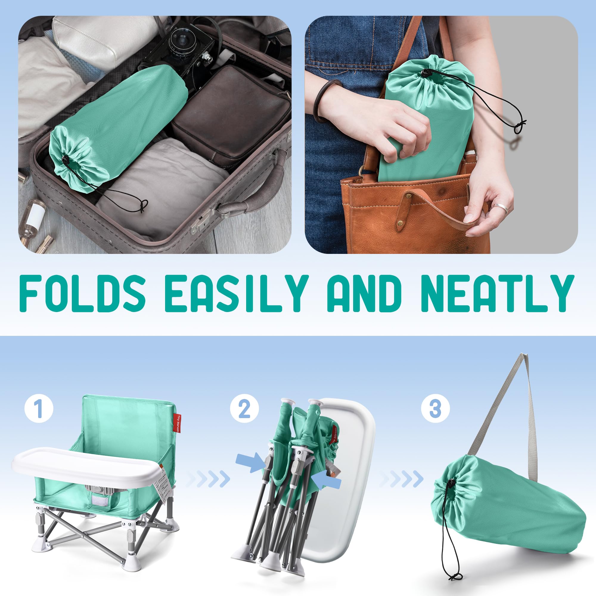 Tiny Marvels portable 3-in-1 chair 3-point harness for secure seating.