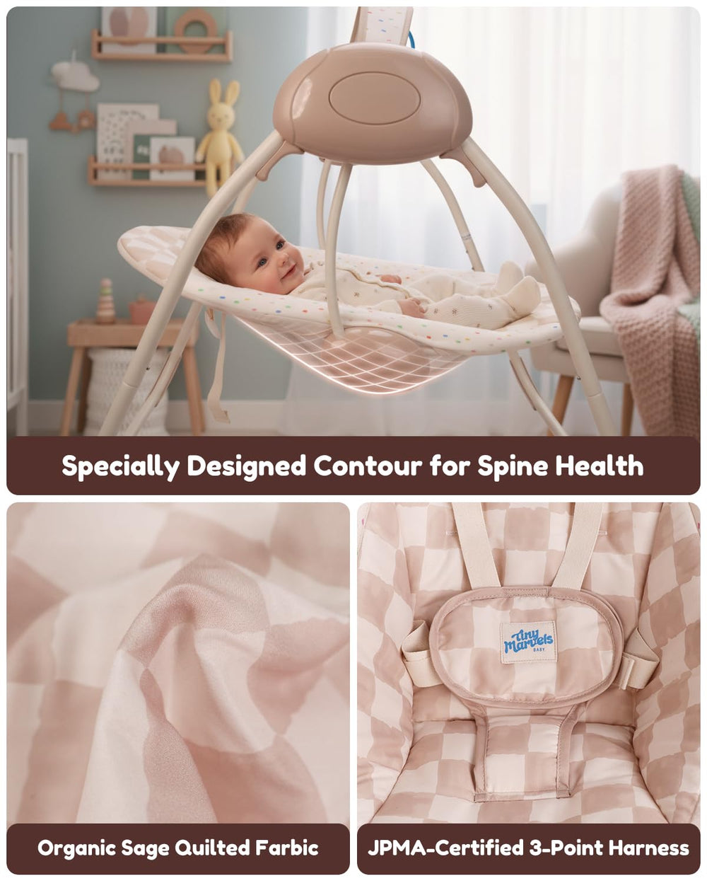Tiny Marvels portable swing breathable fabric cover keeps baby comfy