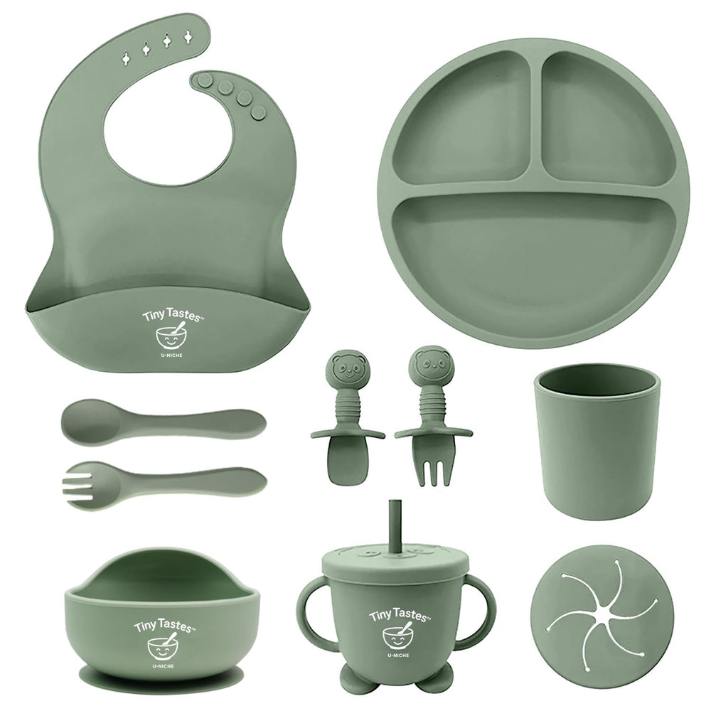 Tiny Tastes suction plate in use to reduce spills during feeding