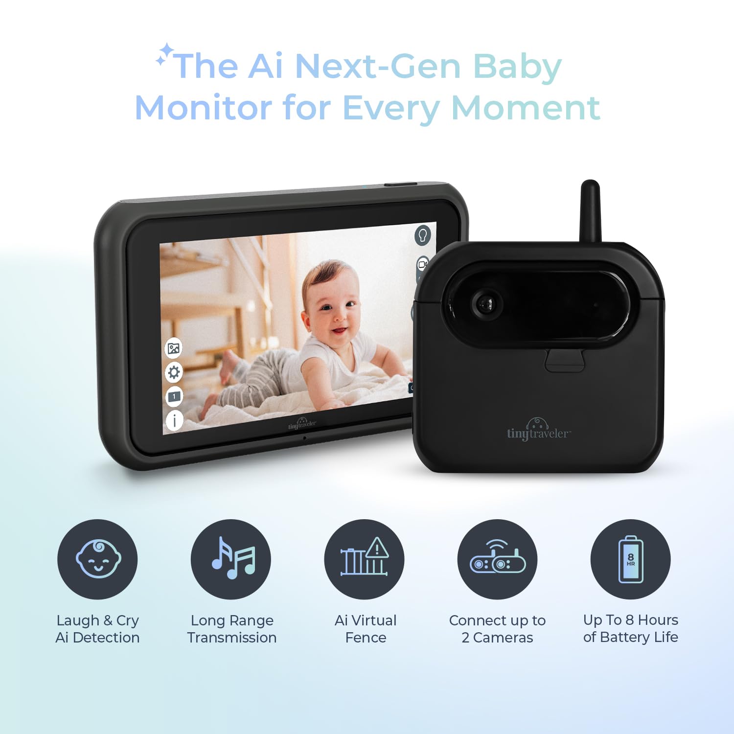 Tiny Traveler AI smart car monitor night vision mode for clear baby view at night.