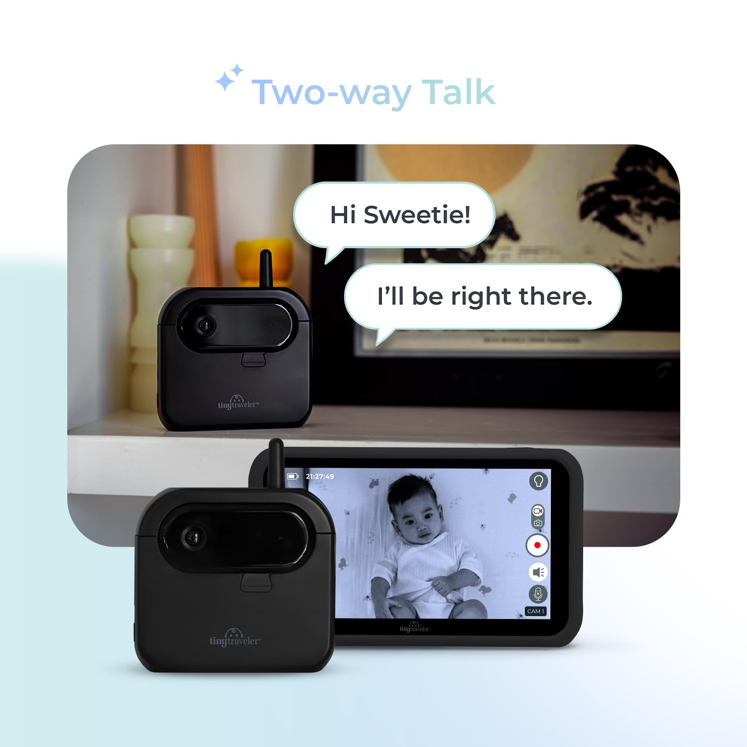 Tiny Traveler AI smart car monitor two-way talk and lullabies soothe on the go.