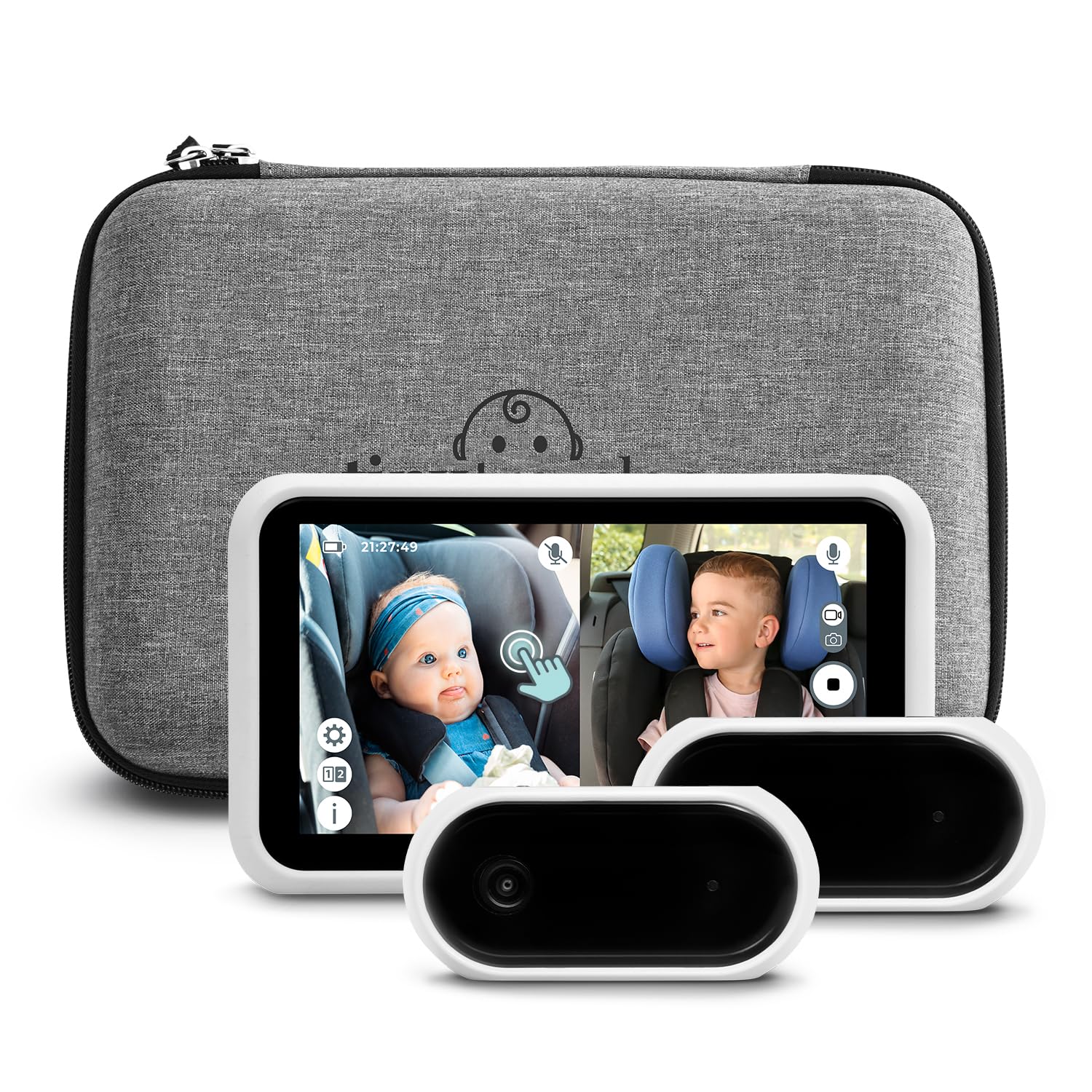 Tiny Traveler dual-camera view monitors twins in the back seat for attentive supervision.