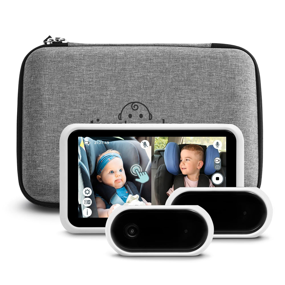 Tiny Traveler dual-camera view monitors twins in the back seat for attentive supervision.