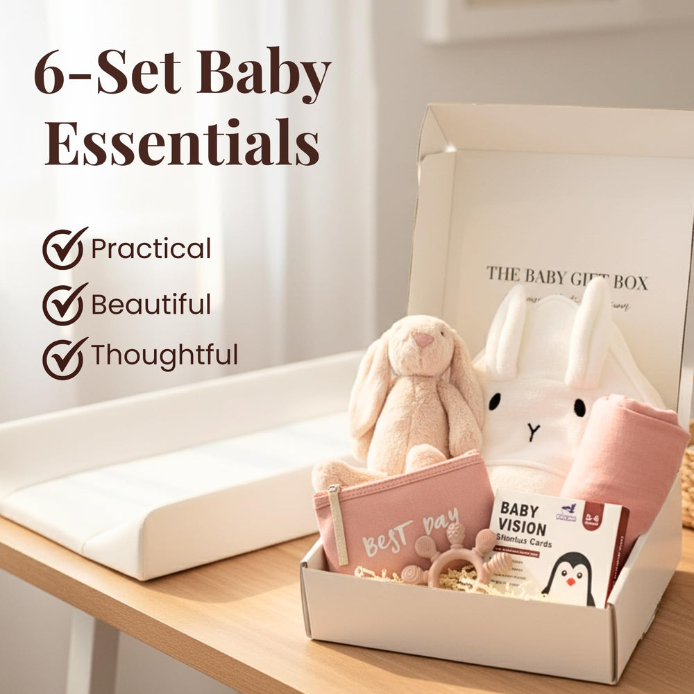 Tiny Treasures plush bunny included for comforting newborn snuggles.