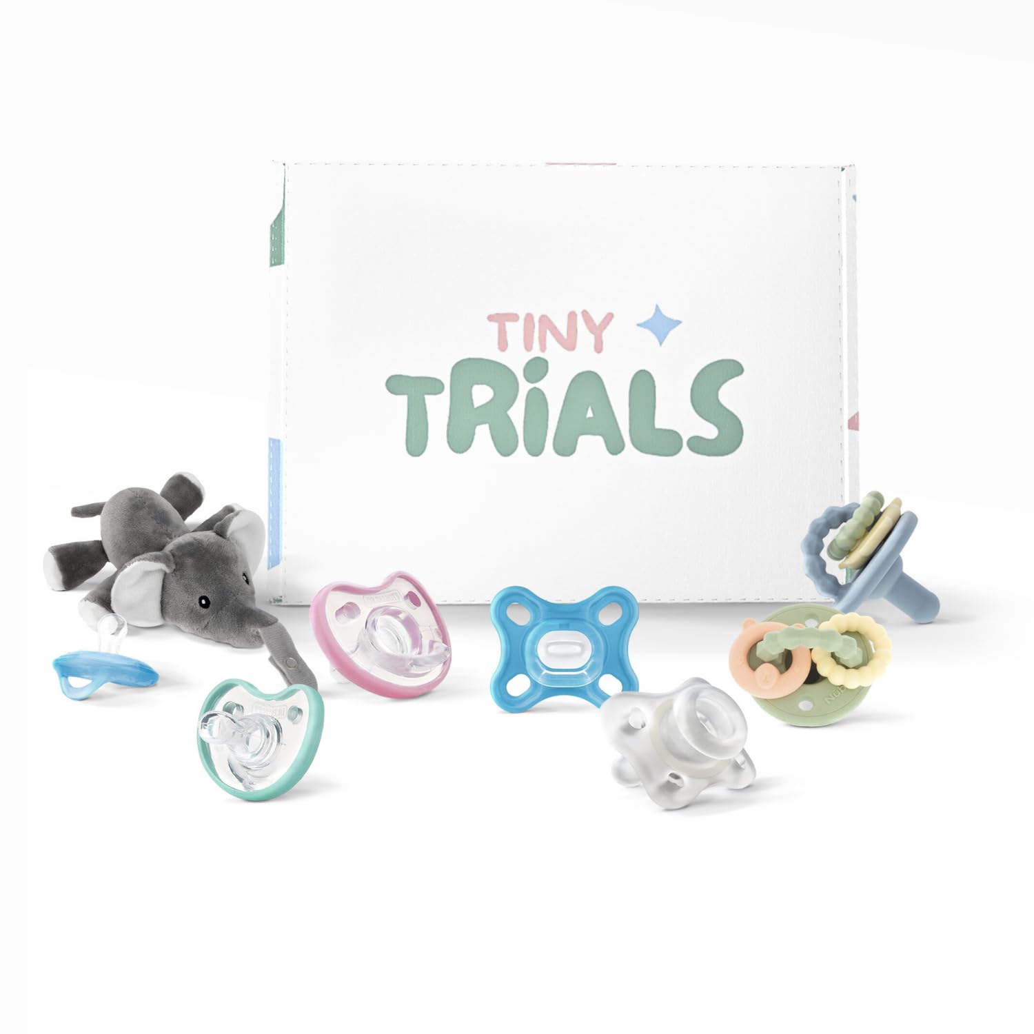 Tiny Trials Pacifier Discovery Box front view showing varied options for newborns