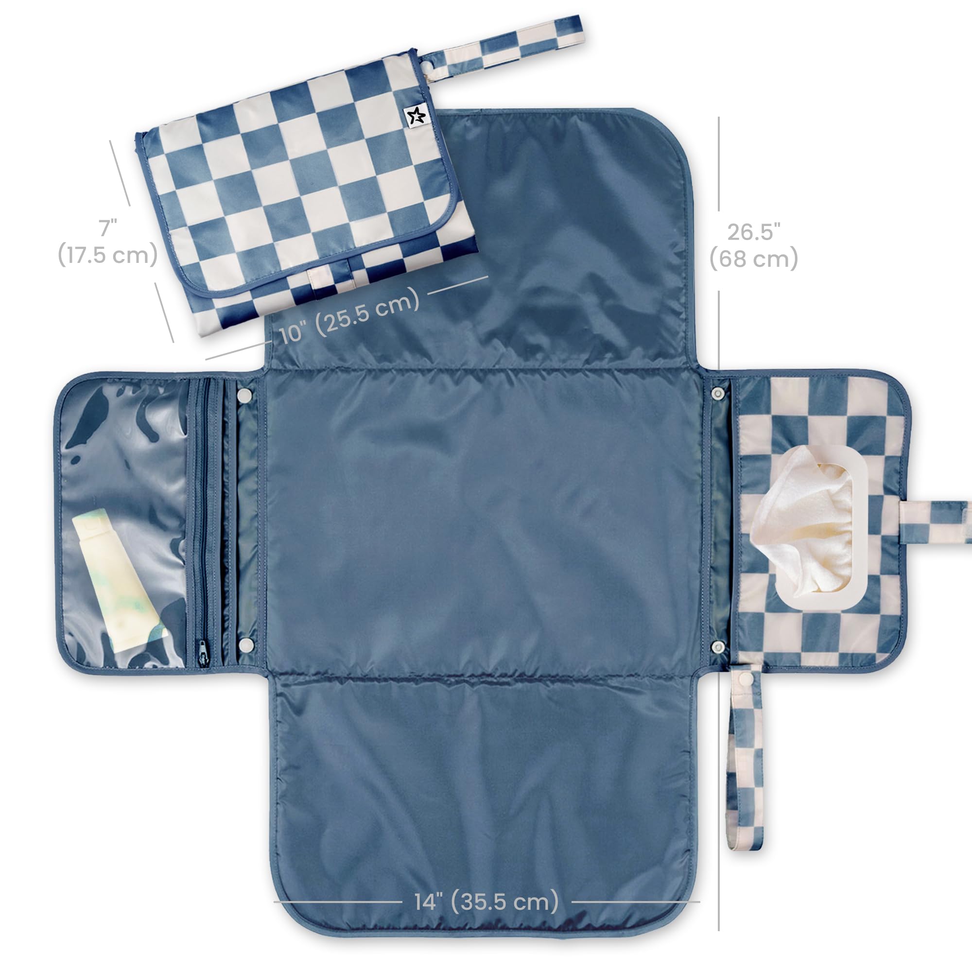 Tiny Twinkle changing pad with wipe pocket enables quick one-handed changes.