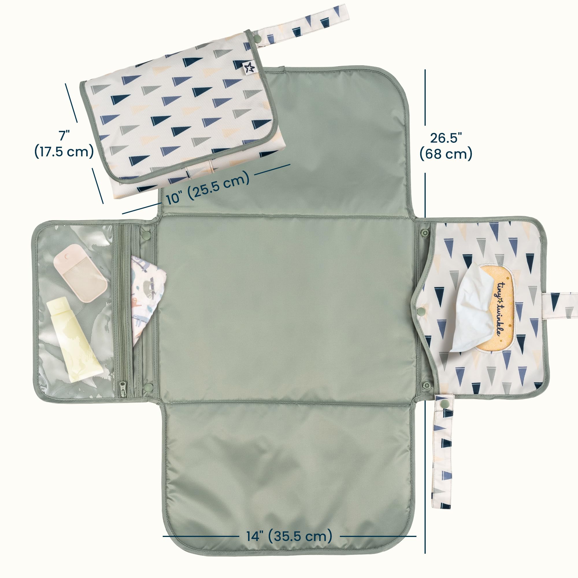 Tiny Twinkle changing pad’s wipeable surface enables fast cleanup during travel.