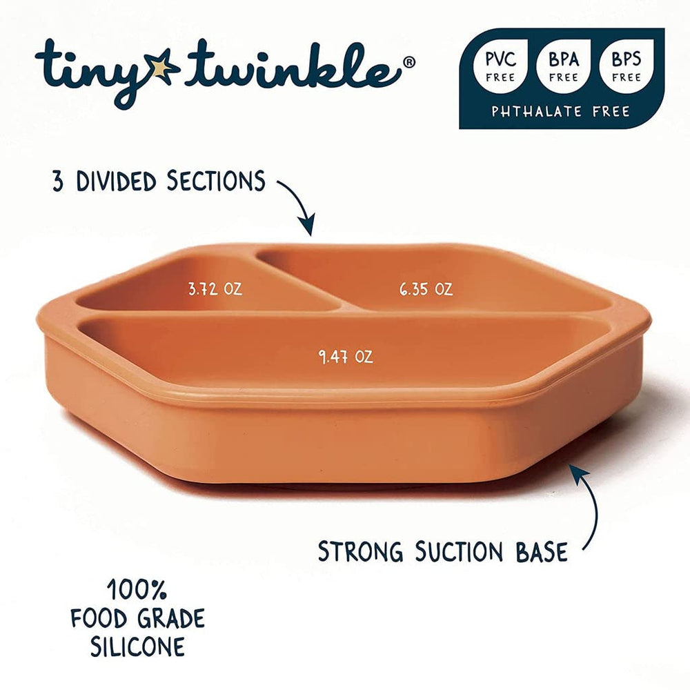 Tiny Twinkle divided sections keep foods organized for picky eaters at family meals.