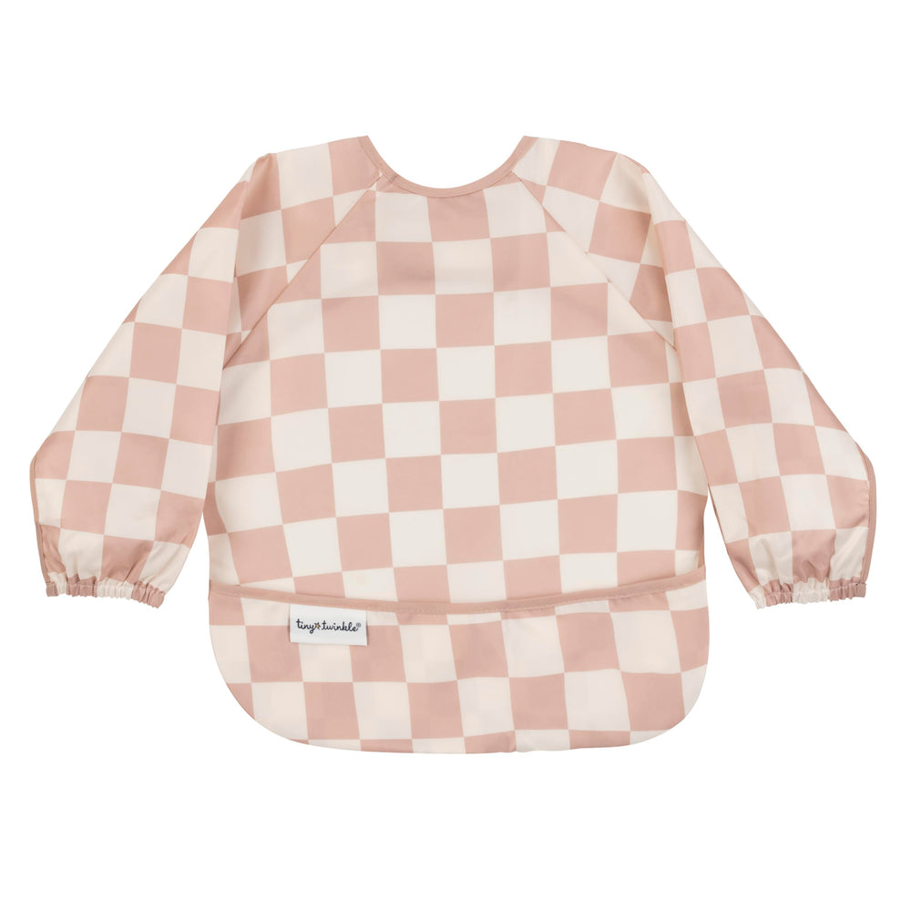Tiny Twinkle long-sleeve bib in checkers brown, front view, helps keep baby clean during meals.