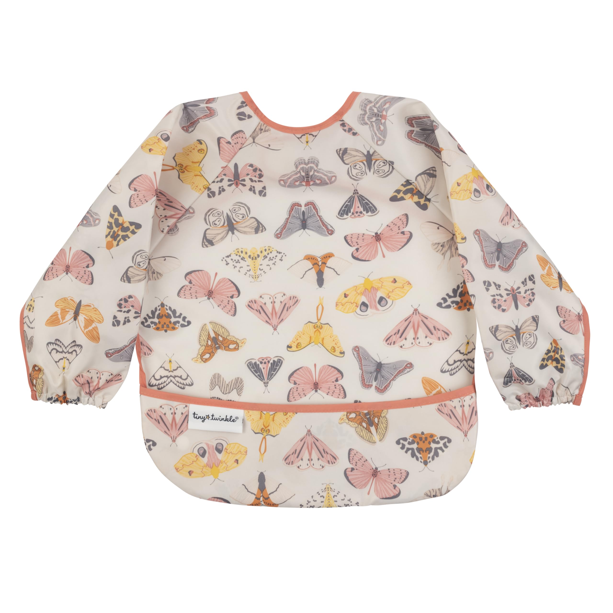Tiny Twinkle long sleeve bib during mealtime scene keeps outfits clean