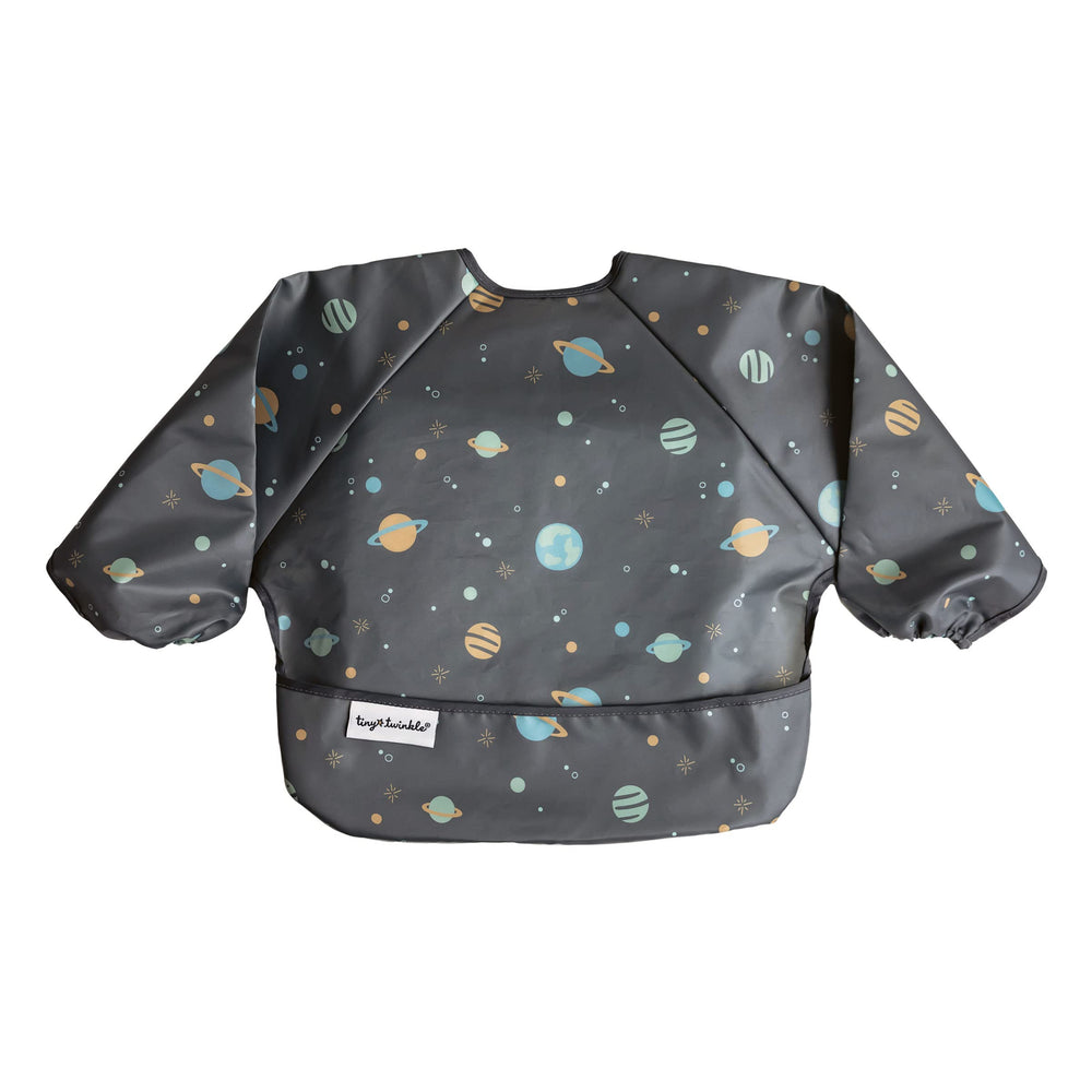 Tiny Twinkle long sleeve bib front view keeps little mess contained during meals.