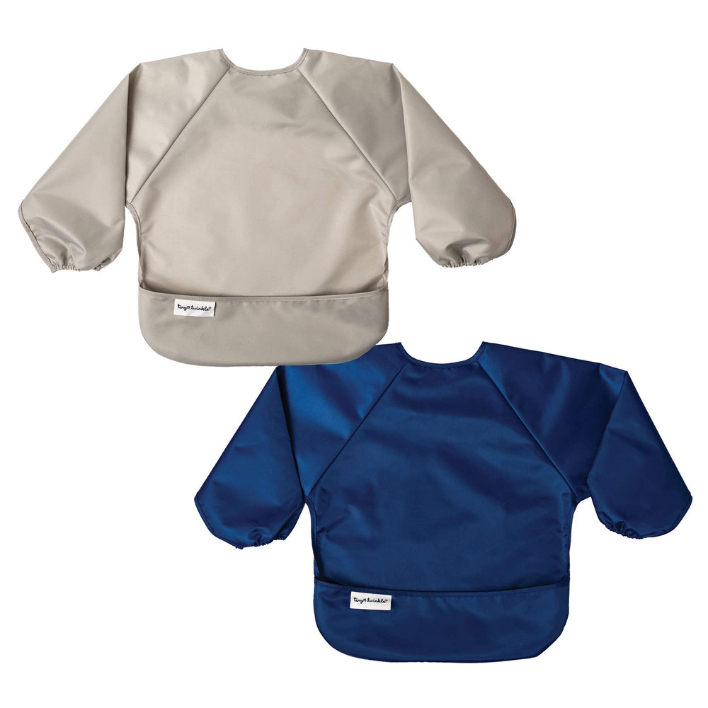 Tiny Twinkle long-sleeve bib in grey-indigo protects outfits during meals.