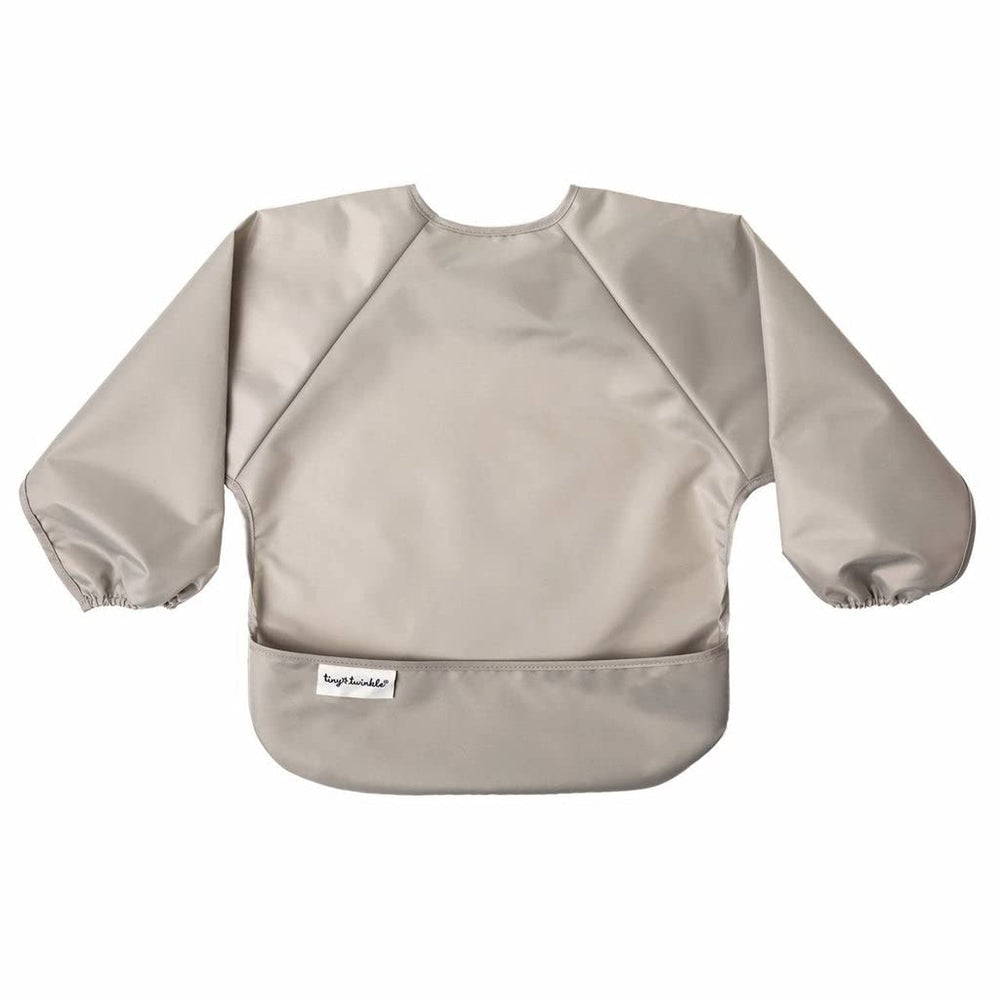 Tiny Twinkle long sleeve bib grey indigo elastic cuffs keep sleeves clean.