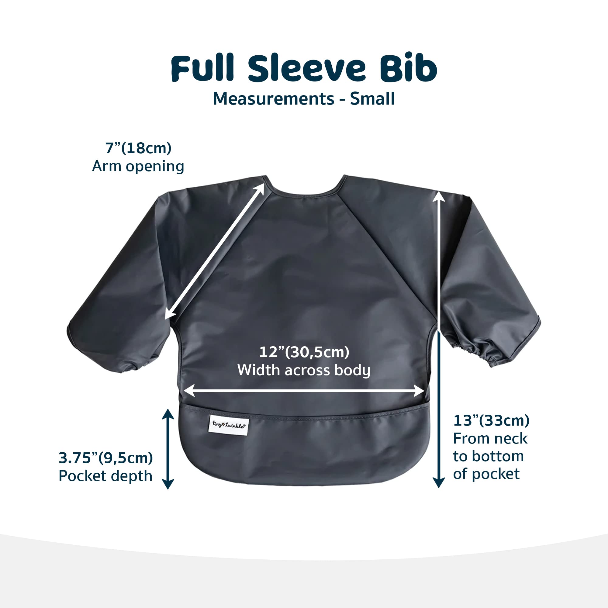 Close-up of Tiny Twinkle long sleeve bib with full coverage and cuffs.