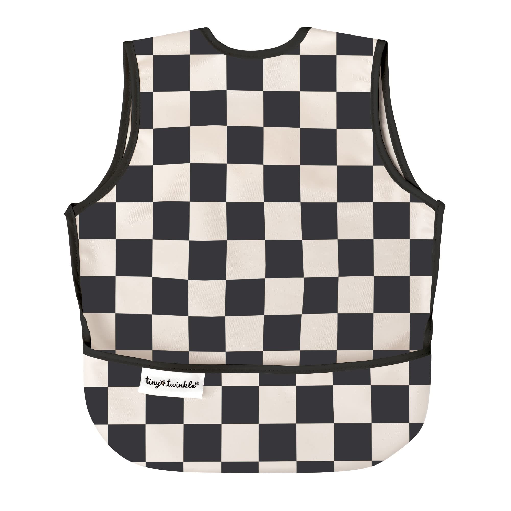 Tiny Twinkle mess-proof bib in black checkers protects clothing during meals.