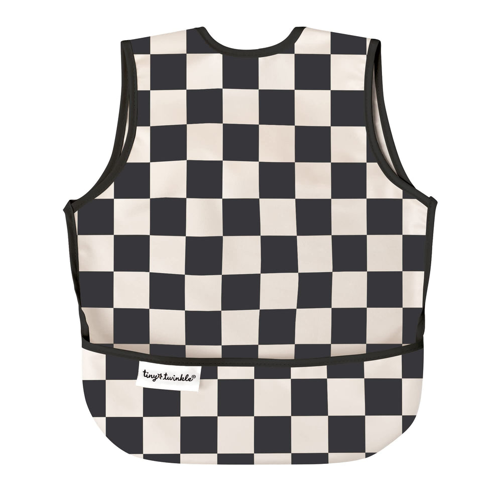 Tiny Twinkle mess-proof bib in black checkers protects clothing during meals.