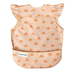 Tiny Twinkle mess-proof bib with boho rainbow design protects outfits during mealtime.