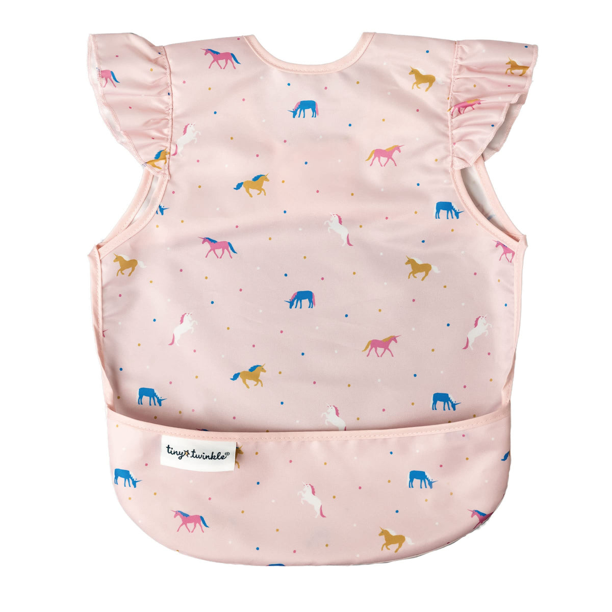 Tiny Twinkle mess-proof bib for girls, front view with unicorn confetti to keep outfits clean