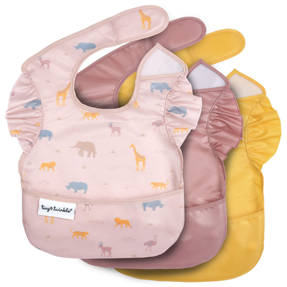Tiny Twinkle Mess-Proof Bib Safari 3-pack protects outfits during family meals.