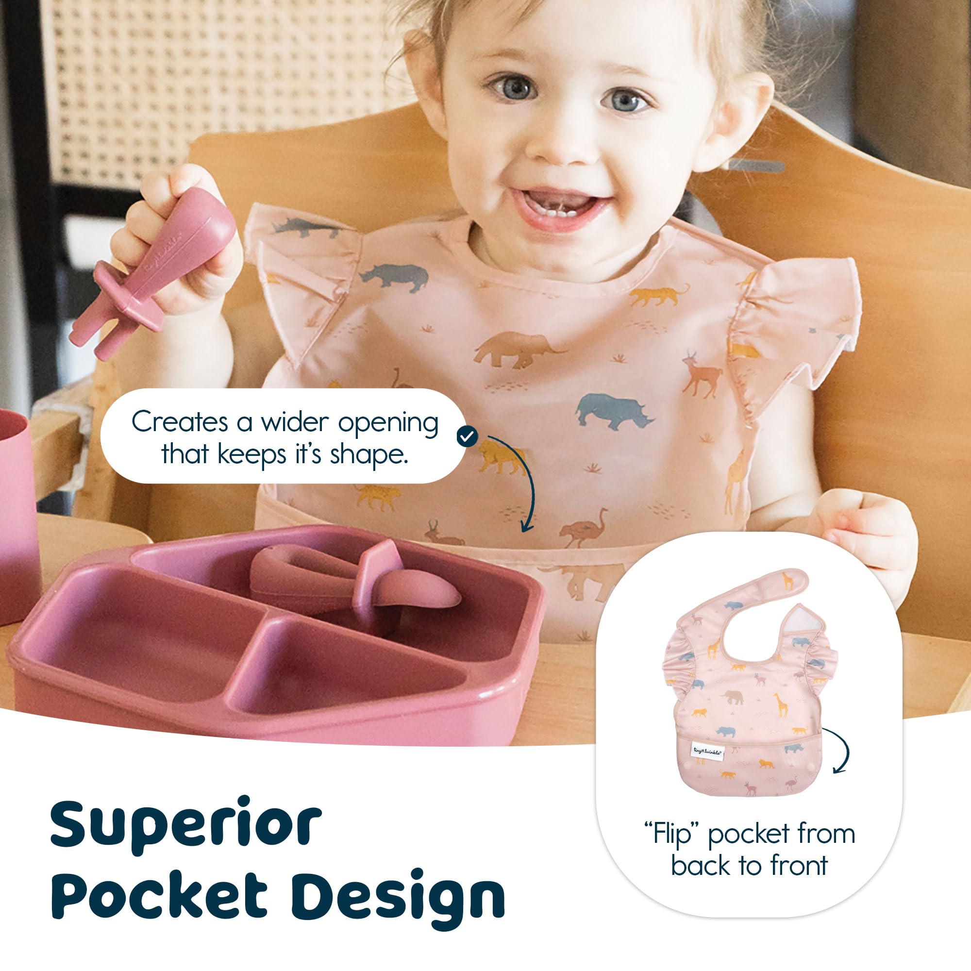 Tiny Twinkle Mess-Proof Bib with soft adjustable straps for a comfy fit.