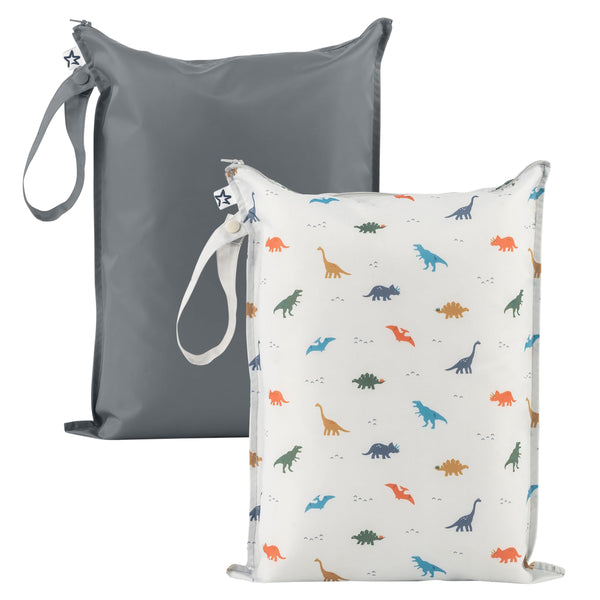 Tiny Twinkle Mess Proof Wet Bag with dinosaur print stores baby clothes on the go.