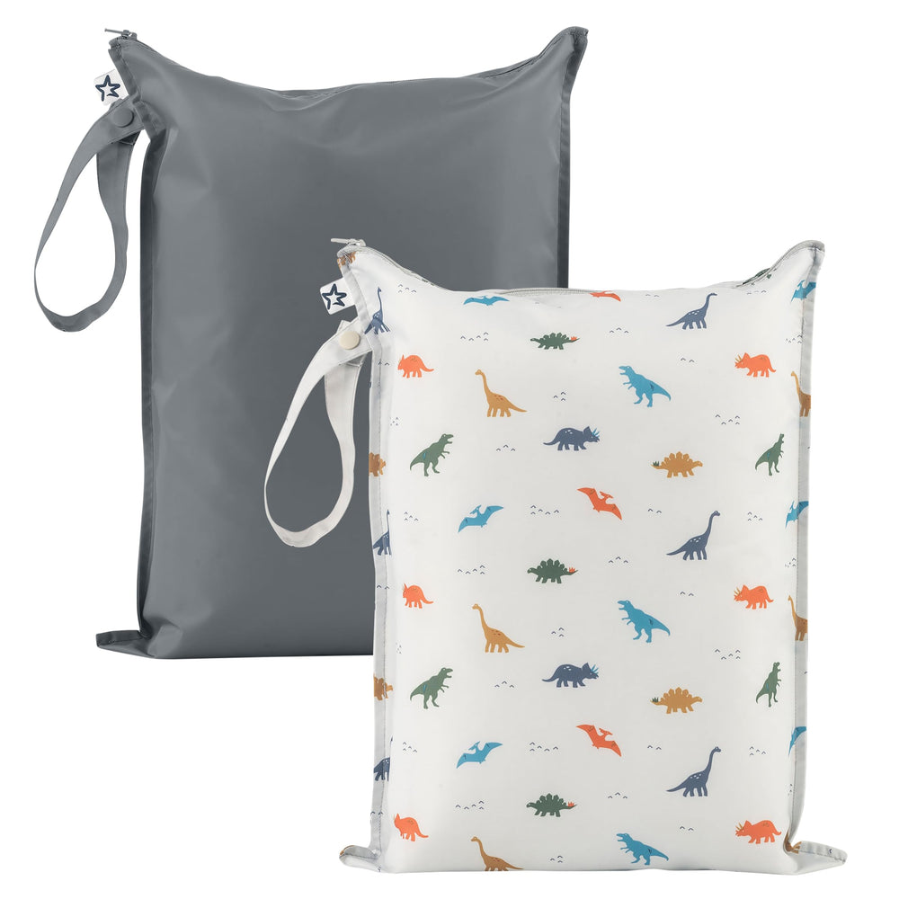 Tiny Twinkle Mess Proof Wet Bag with dinosaur print stores baby clothes on the go.