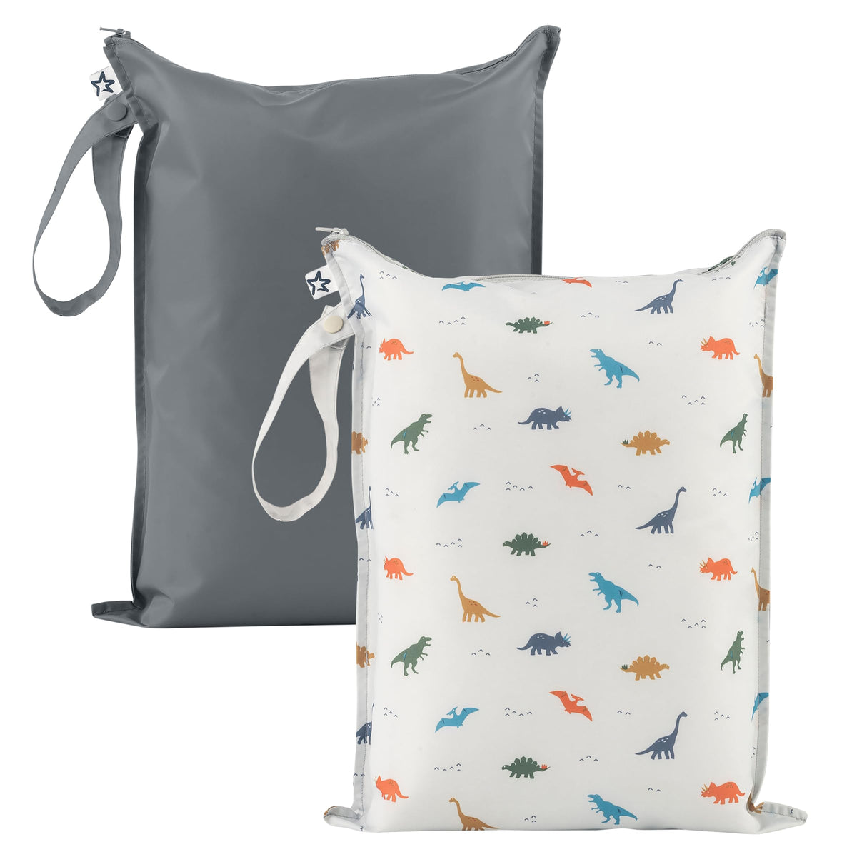 Tiny Twinkle Mess Proof Wet Bag with dinosaur print stores baby clothes on the go.
