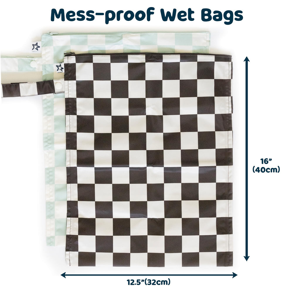 Tiny Twinkle wet bag on stroller demonstrates diaper storage and portability.