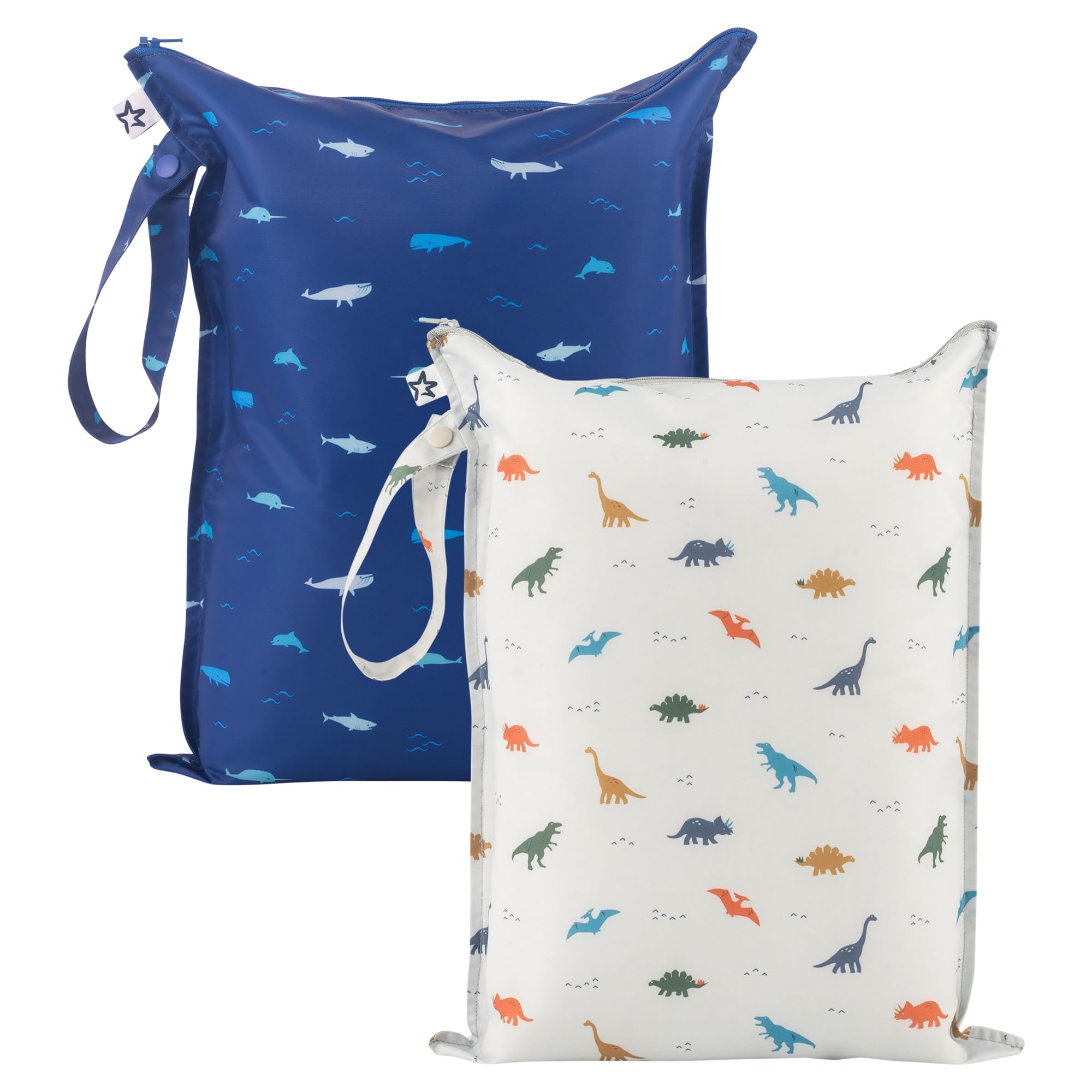 Tiny Twinkle Mess Proof Wet Bags in dinosaur design keep items organized and mess-free on the go.