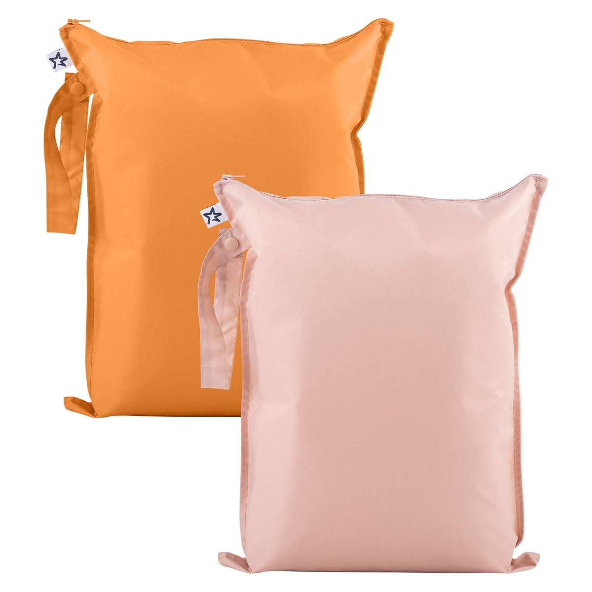 Tiny Twinkle Mess Proof Wet Bags front view in taupe and dandelion, ideal for swimsuits and baby clothes.