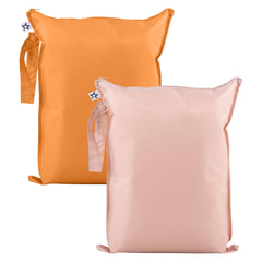 Tiny Twinkle Mess Proof Wet Bags front view in taupe and dandelion, ideal for swimsuits and baby clothes.