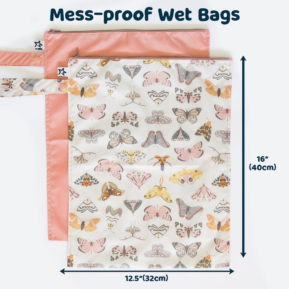 Tiny Twinkle Mess Proof Wet Bags open for diaper storage, holds 8–10 cloth diapers.