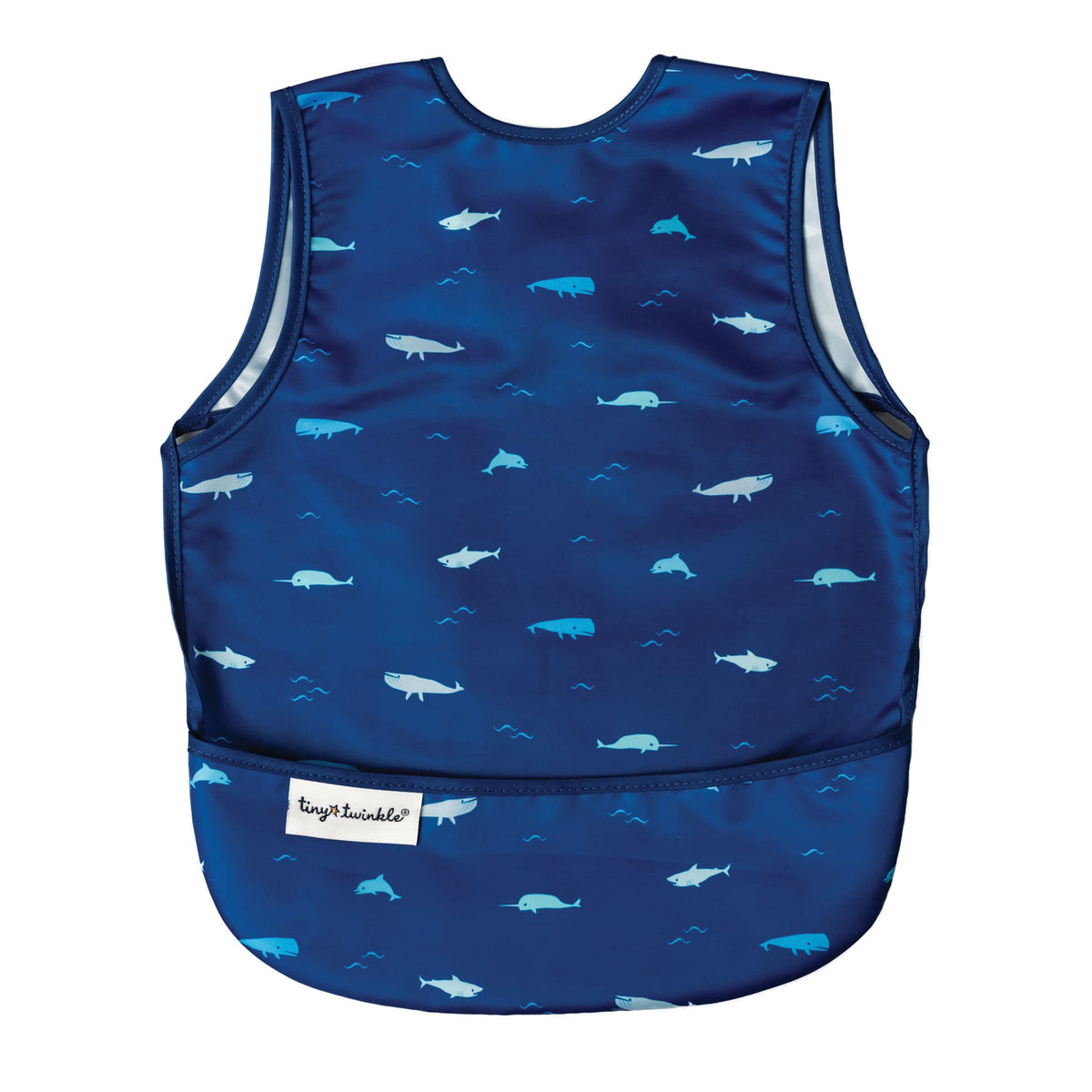 Tiny Twinkle Ocean Life bib close-up showing waterproof surface for mess-free meals.