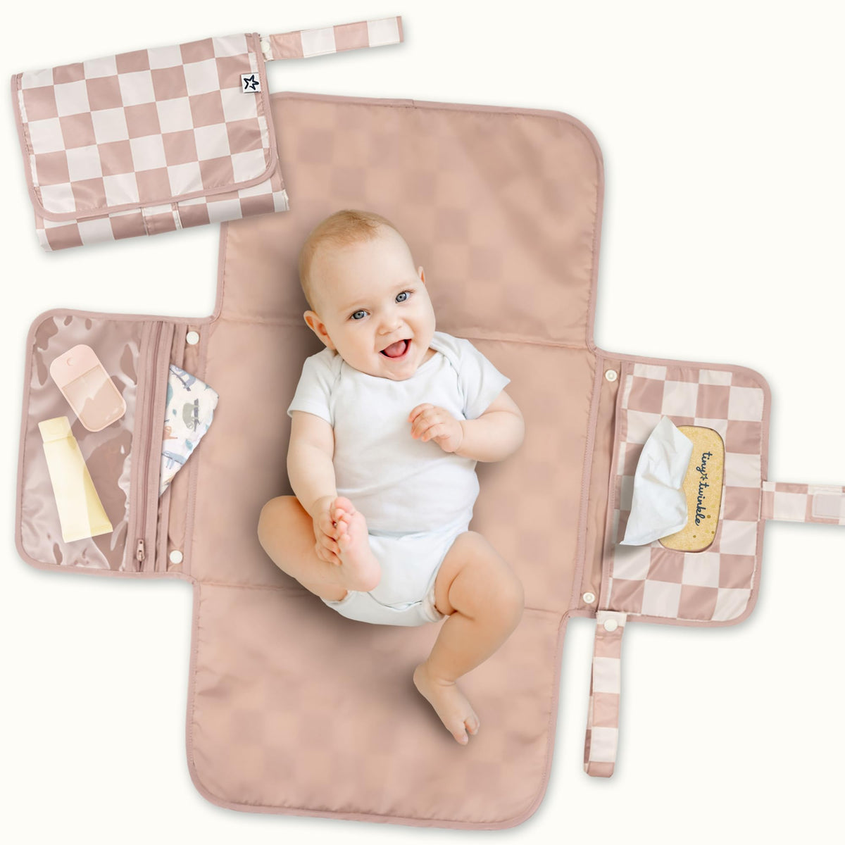 Tiny Twinkle portable changing pad in beige checkers for on-the-go diaper changes