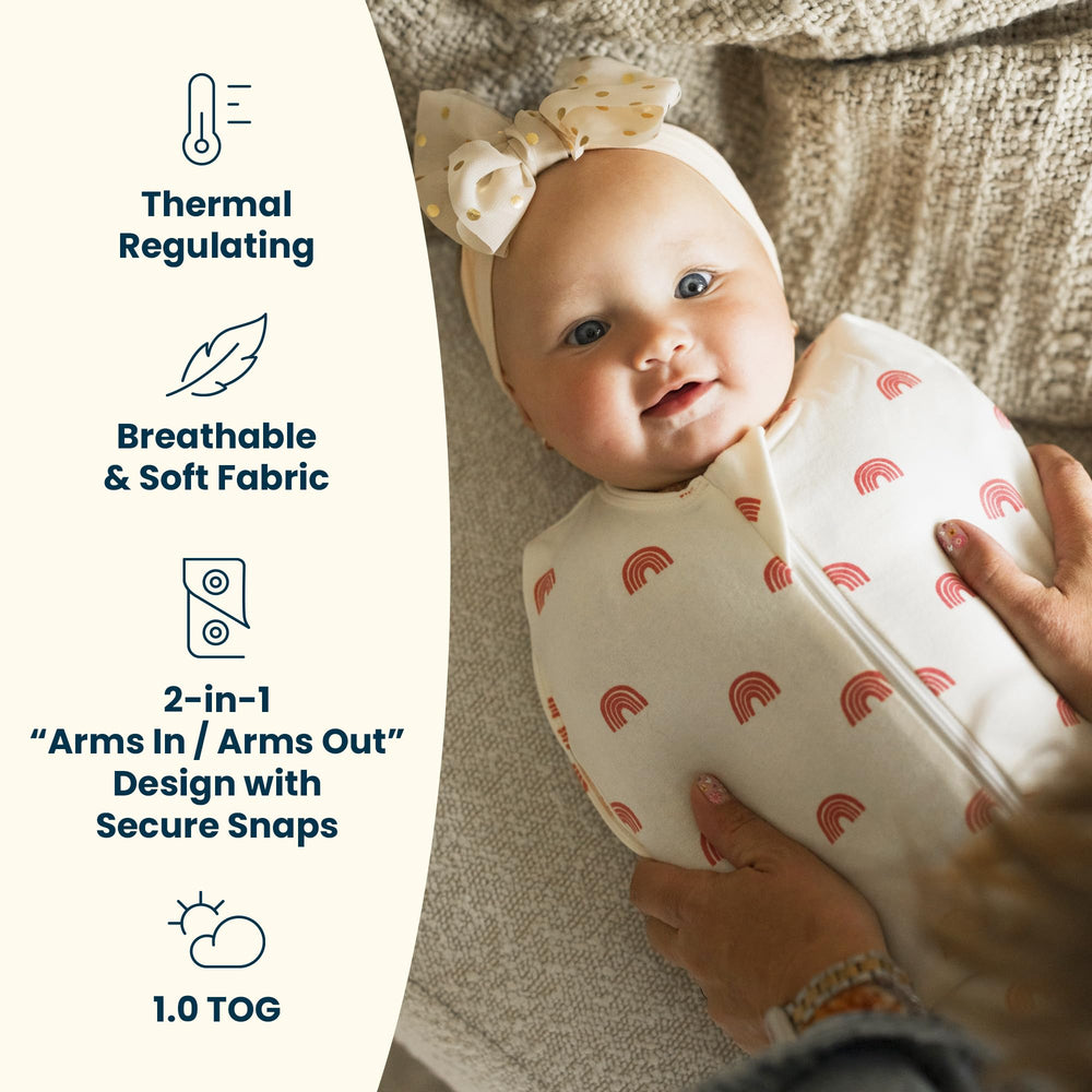 Tiny Twinkle secure snaps ensure a snug transition from swaddle to sack