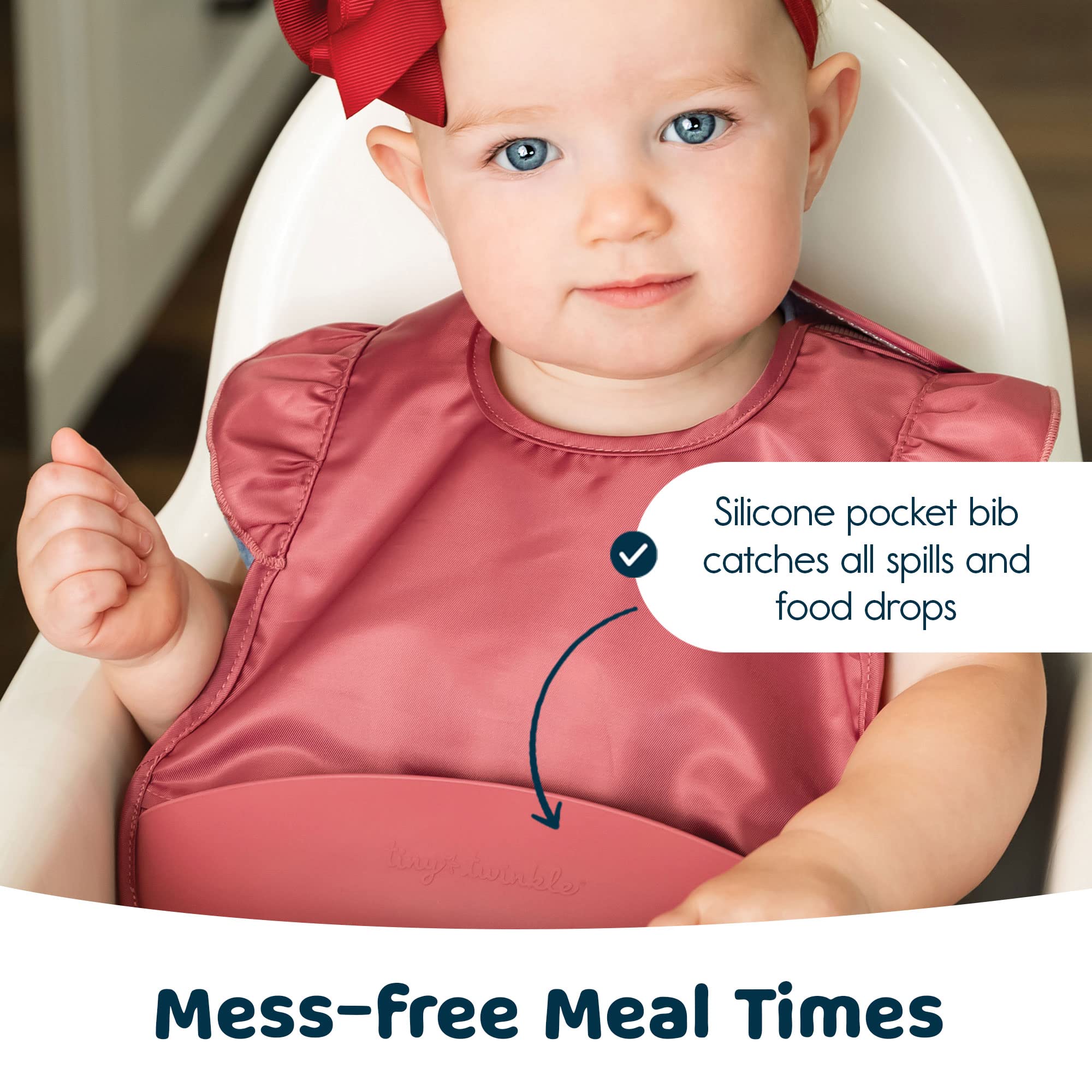 Tiny Twinkle silicone bib adjustable-closure grows with baby from 6 to 24 months.