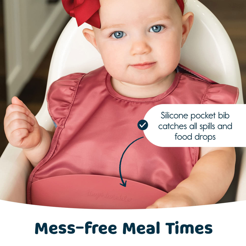 Tiny Twinkle silicone bib adjustable-closure grows with baby from 6 to 24 months.