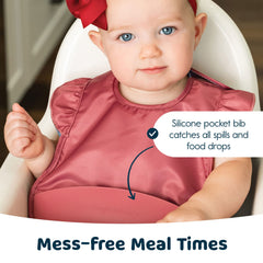 Tiny Twinkle silicone bib adjustable-closure grows with baby from 6 to 24 months.