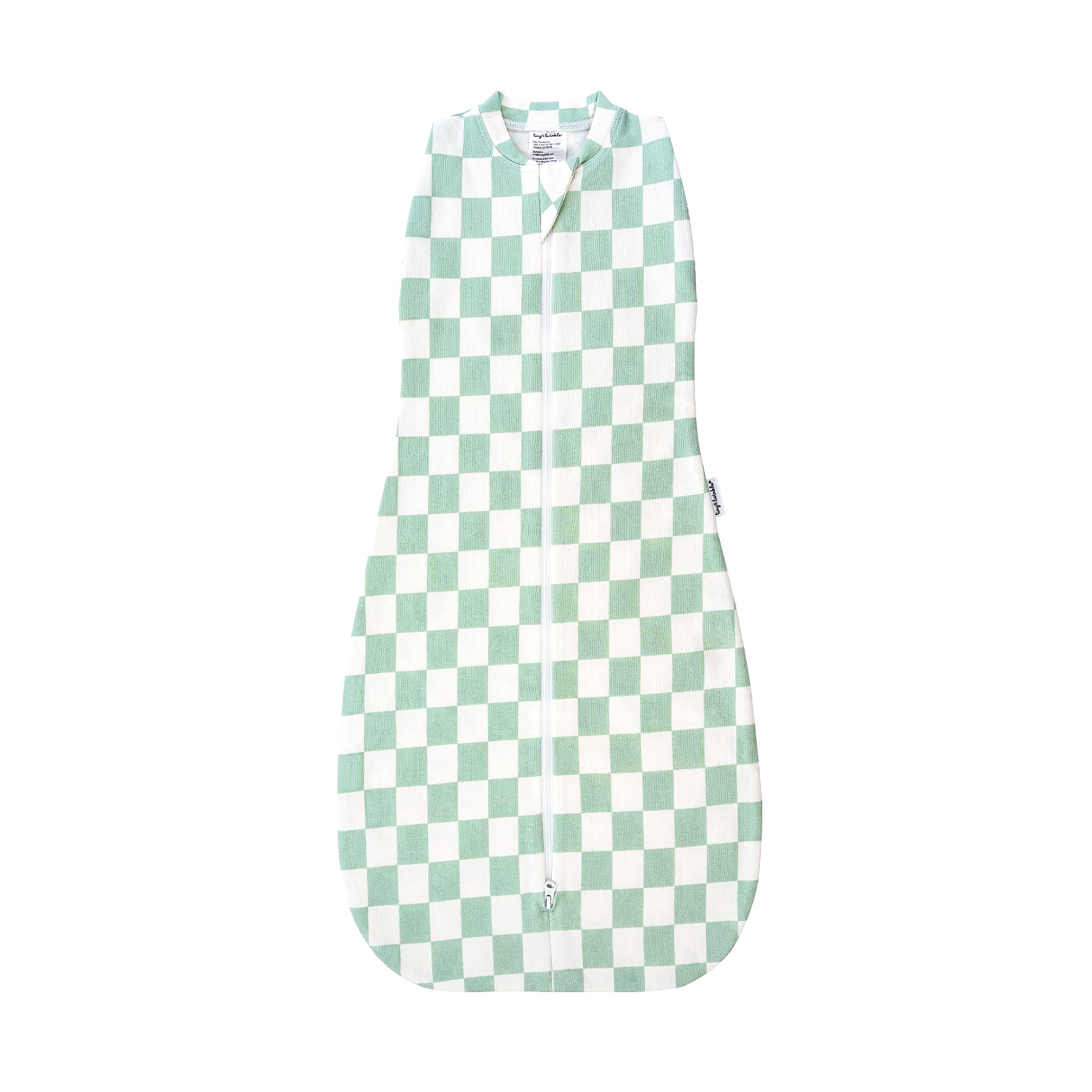 Tiny Twinkle sleep sack in sage checkers provides cozy nighttime comfort.
