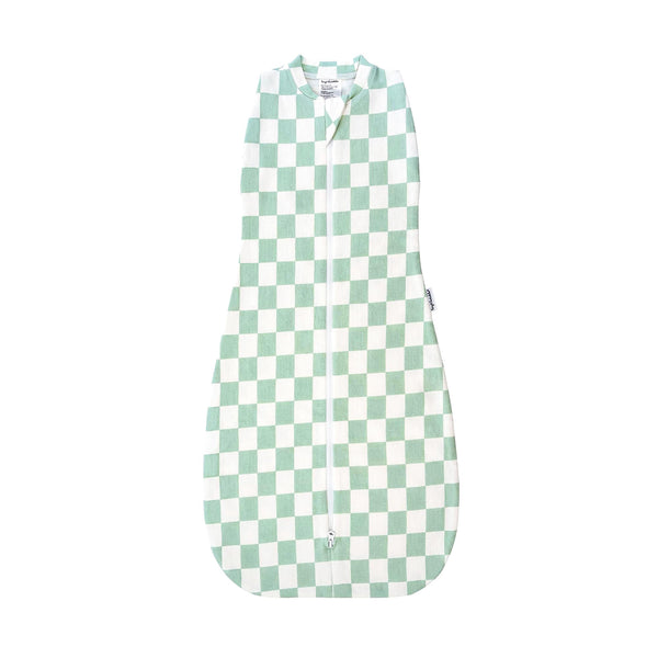 Tiny Twinkle sleep sack in sage checkers provides cozy nighttime comfort.