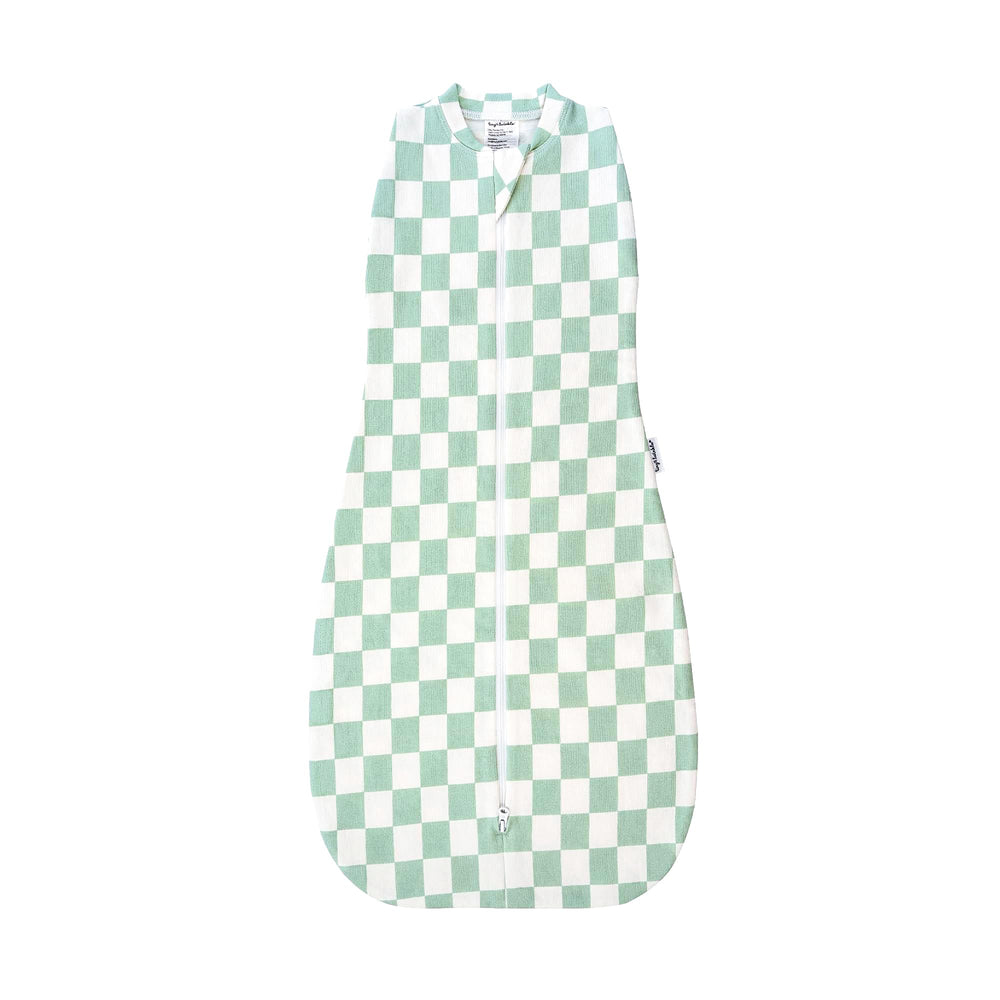 Tiny Twinkle sleep sack in sage checkers provides cozy nighttime comfort.