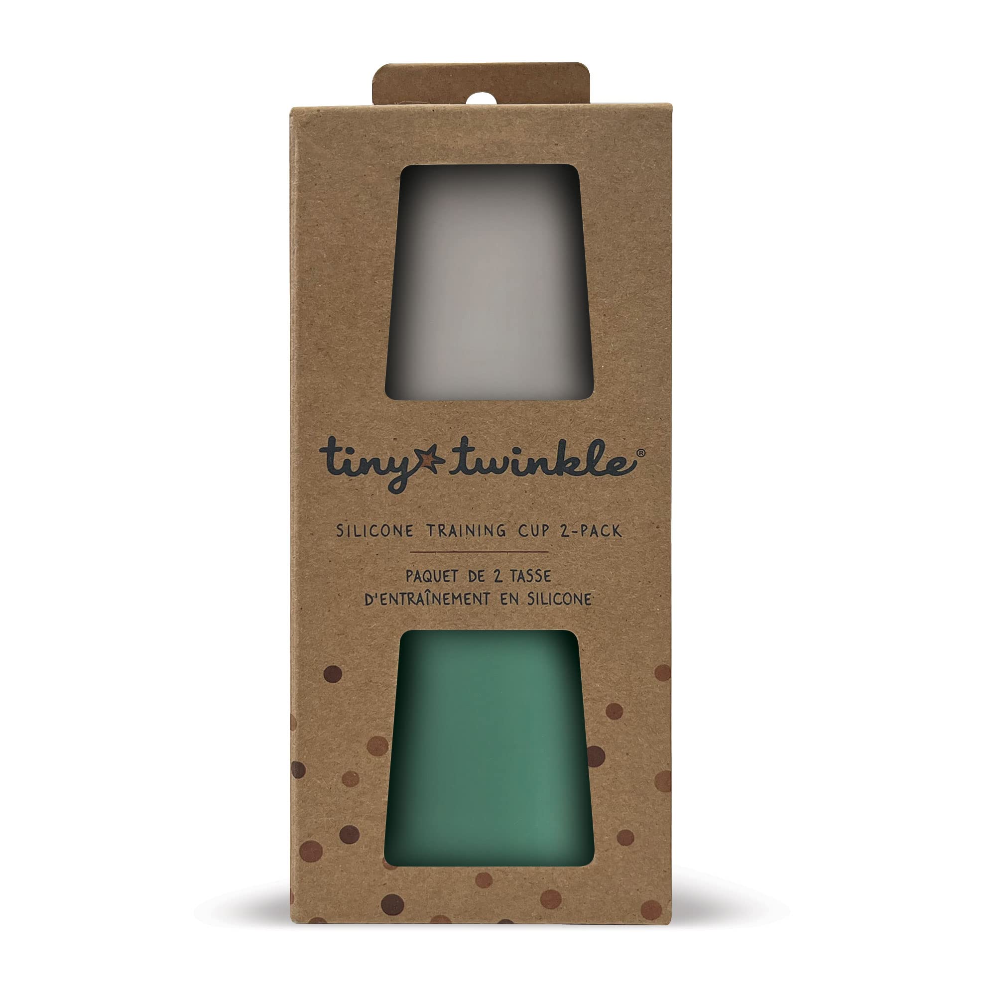 Tiny Twinkle olive and grey training cups in open-use setup.