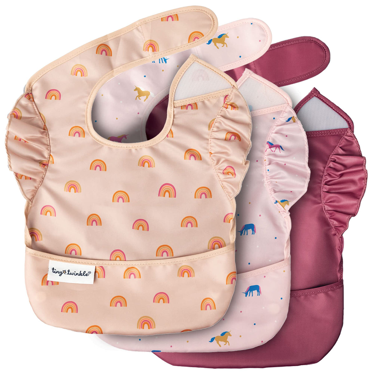 Tiny Twinkle unicorn bib with catch pocket keeps crumbs off clothes during meals.