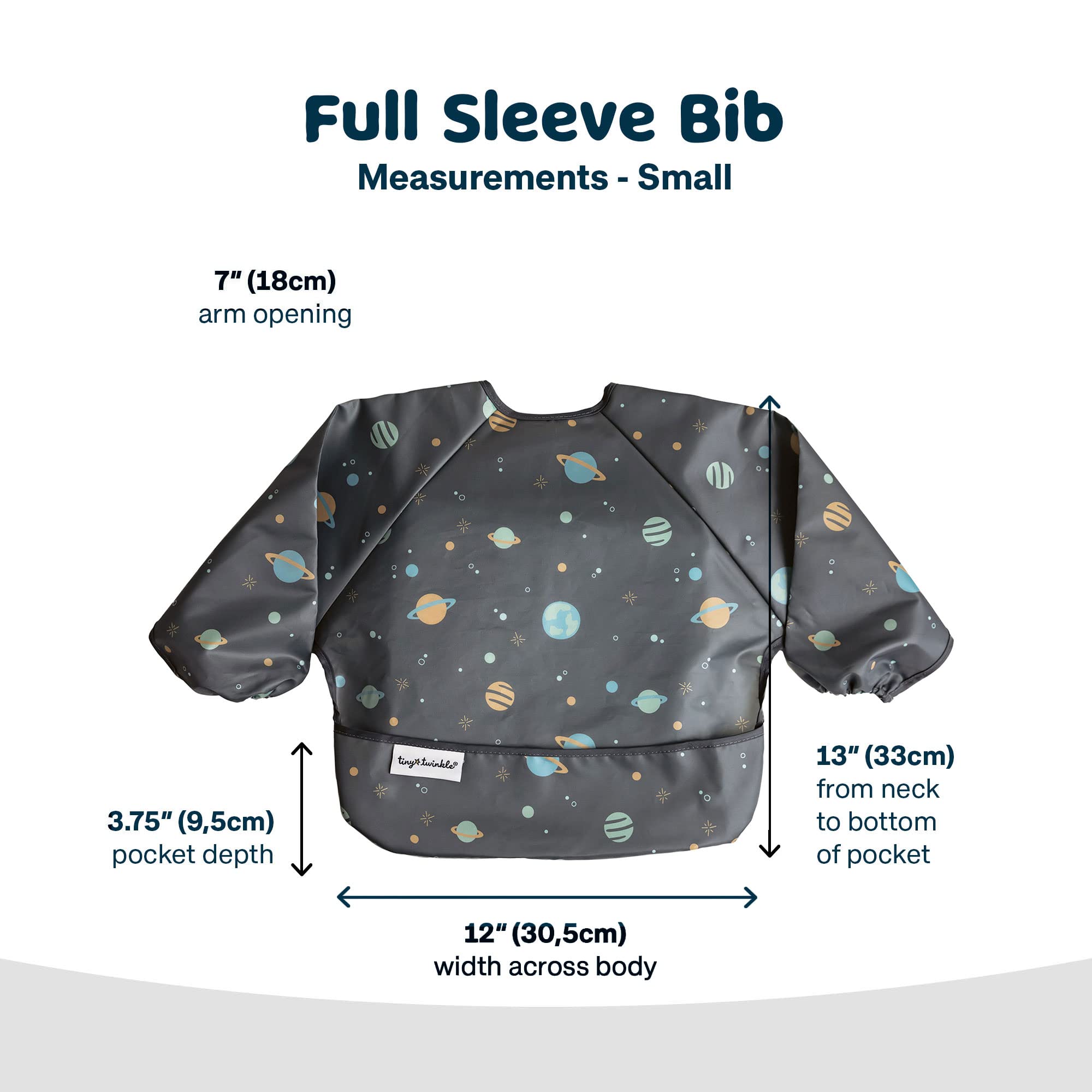 Tiny Twinkle waterproof smock bib on high chair shows easy wipe-clean surface.