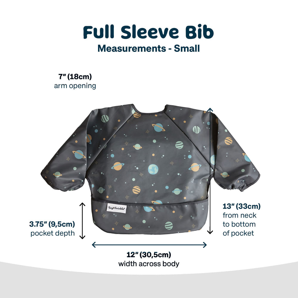 Tiny Twinkle waterproof smock bib on high chair shows easy wipe-clean surface.