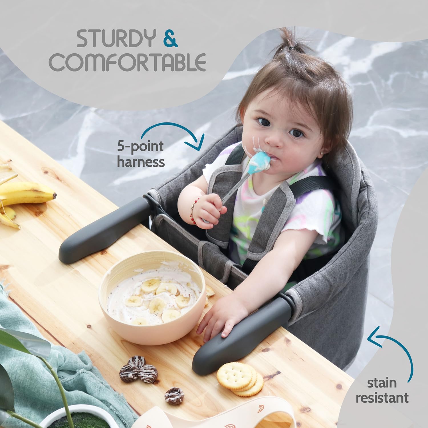 Tinybow portable baby chair includes travel bag for on-the-go meals.